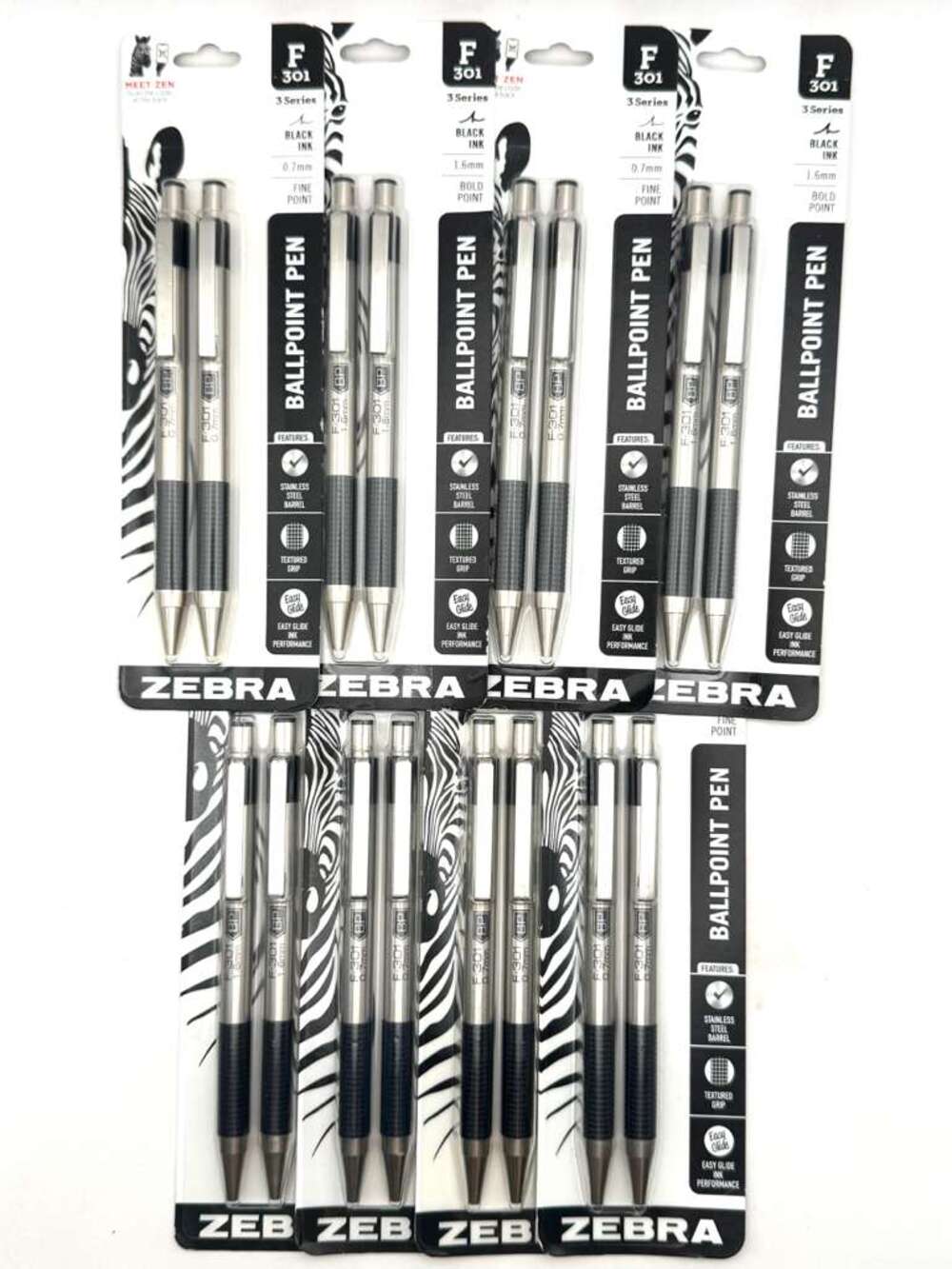 Zebra F-301 16 Ballpoint Pens 8 Sealed 2-Packs Black 0.7/1.6mm Stainless Steel